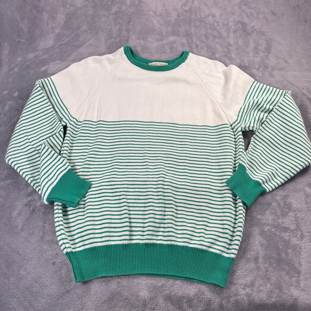 Vintage 90s Lord Jeff USA Cotton Knit Sweater S White Green Striped Knit Cotton